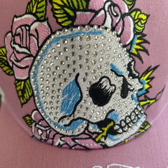 Ed Hardy Pink Rhinestone Skull Roses Trucker Hat Mesh Snapback Y2K Tattoo Art - Picture 5 of 6
